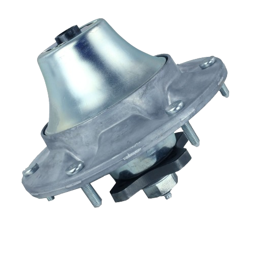 Metal mower blade spindle assembly with mounting bolts, designed for John Deere parts and automotive tools collections
