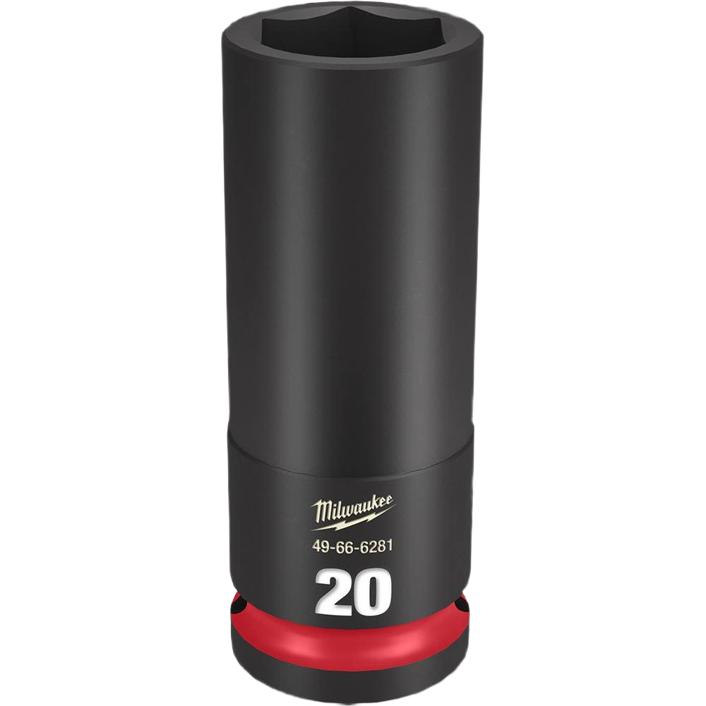 Black 20-mm deep 6 point impact socket with red accent, designed for high torque hand tool applications under $50