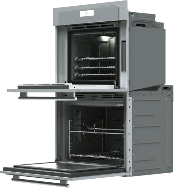 Stainless steel Thermador double steam wall oven with dual compartments open, from Double Wall Ovens collection