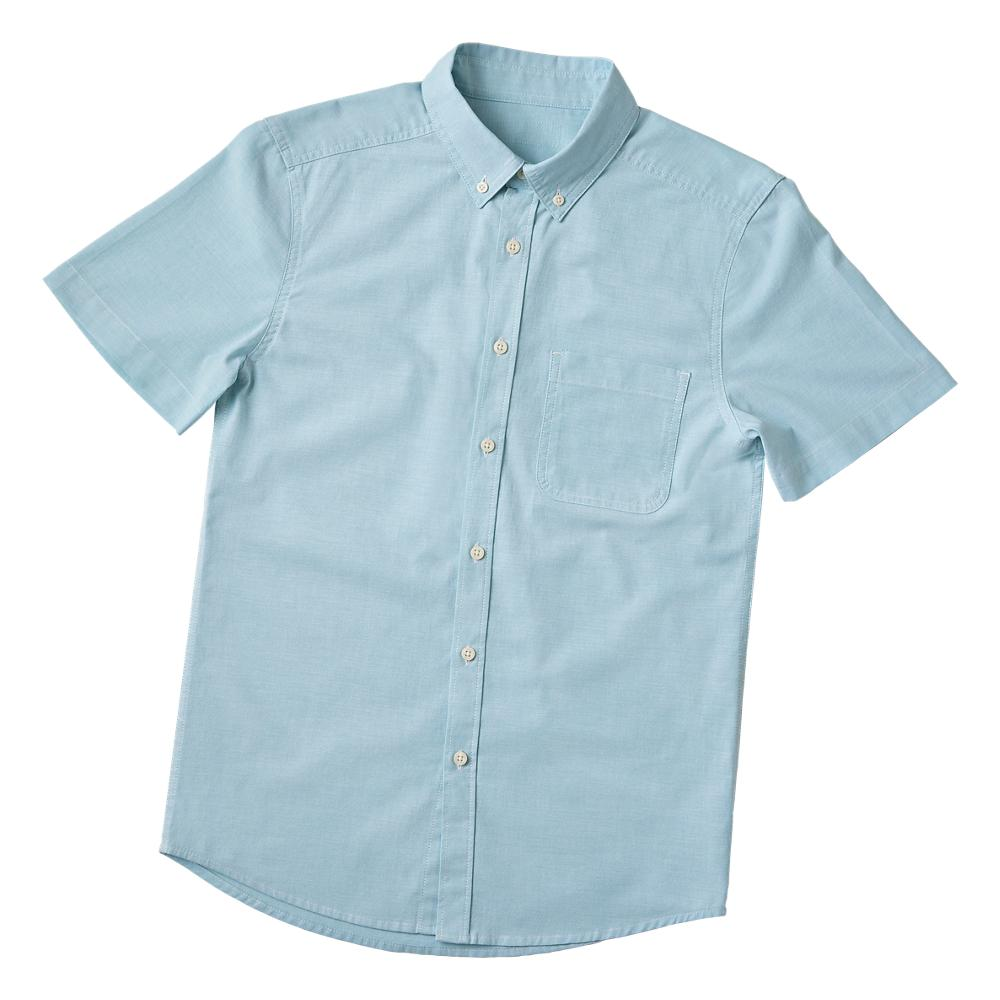 Light blue short-sleeve button-up shirt with a chest pocket, featured in apparel and casual wear collections