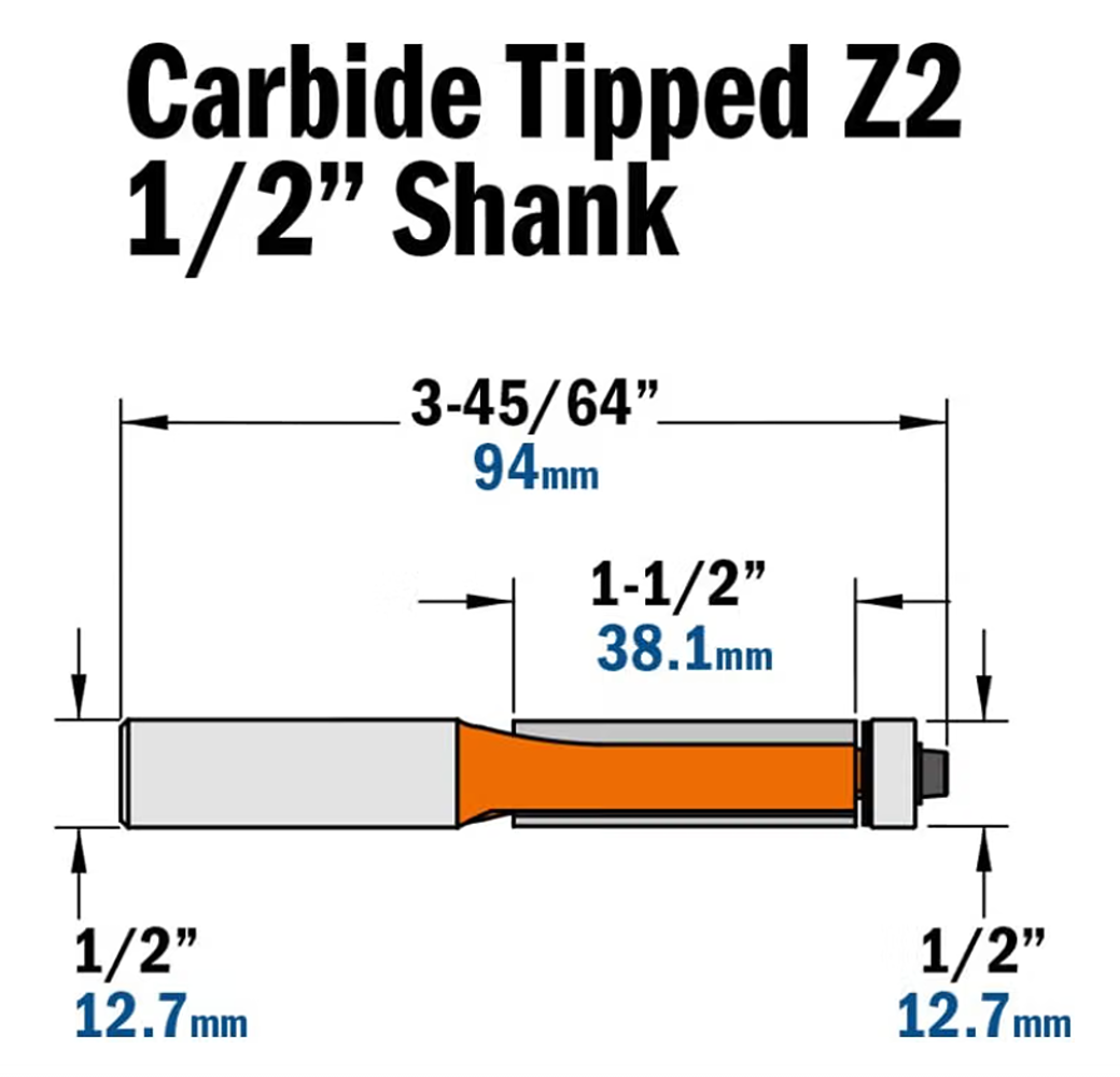 CMT Orange Tools 1/2" x 1-1/2" x 3-11/16" Flush Trim Bit, 1/2" Shank, Rh