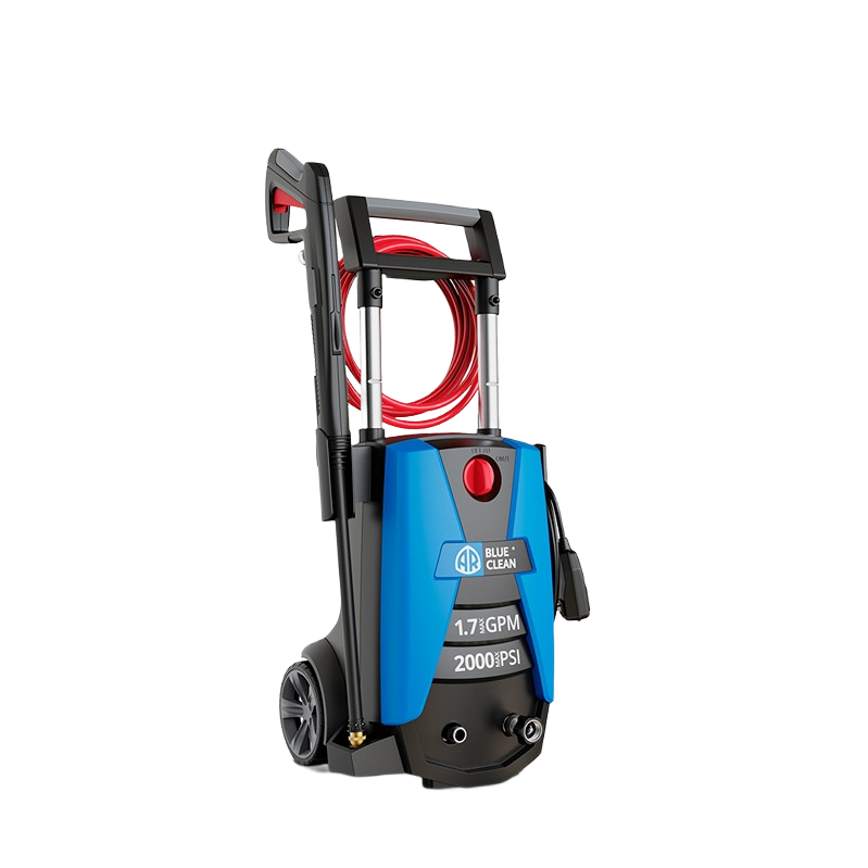 Compact blue and black electric pressure washer with red hose and wheels for tools and home improvement tasks