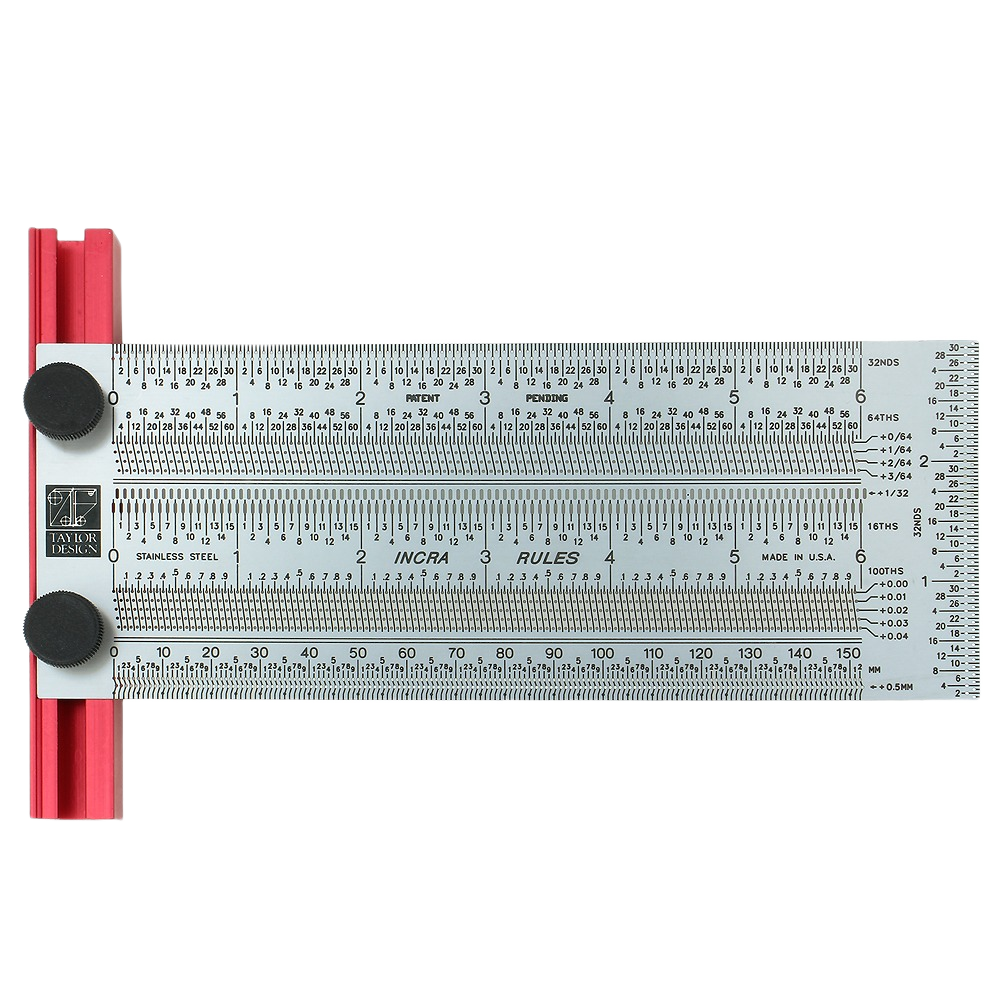 Precision stainless steel measuring tool with red aluminum track and dual adjustment knobs for woodworking projects
