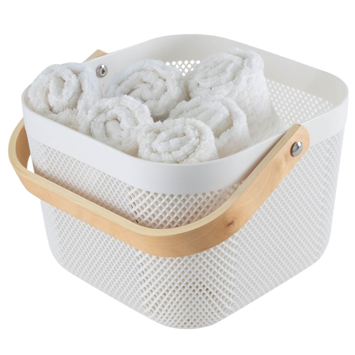 White mesh storage basket with wooden handle filled with rolled towels for bathroom and home organization under $50 collections