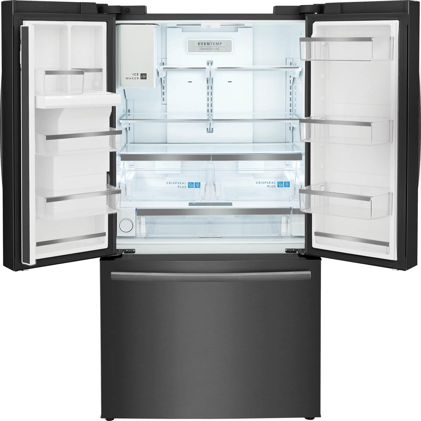 Open black stainless steel counter-depth French door refrigerator with spacious shelves and clear drawers in kitchen appliances collection