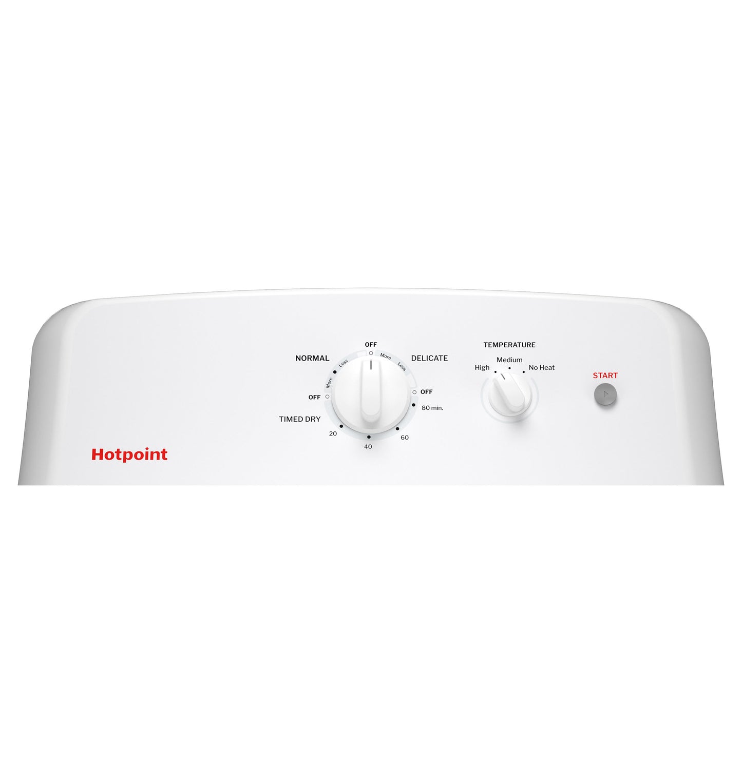 White gas dryer control panel with mechanical dial knobs for cycle and temperature settings from Dryers collection