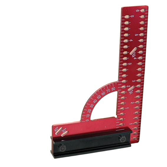 Red multi-angle measuring square with imperial scale and adjustable protractor for woodworking and home improvement tools collection