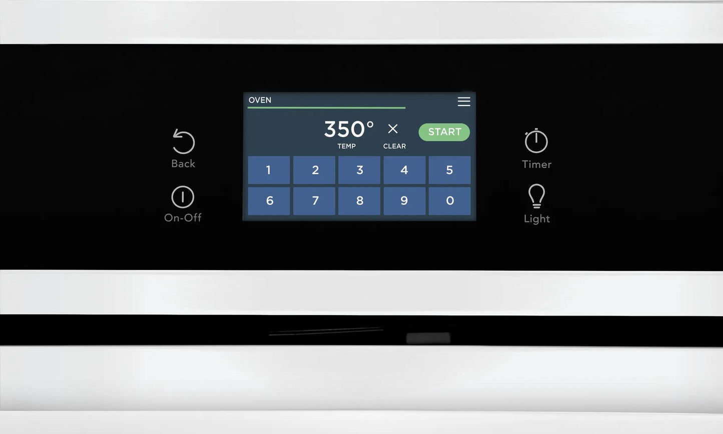 Digital touch screen control panel set to 350 degrees on a white electric wall oven from kitchen appliances collection