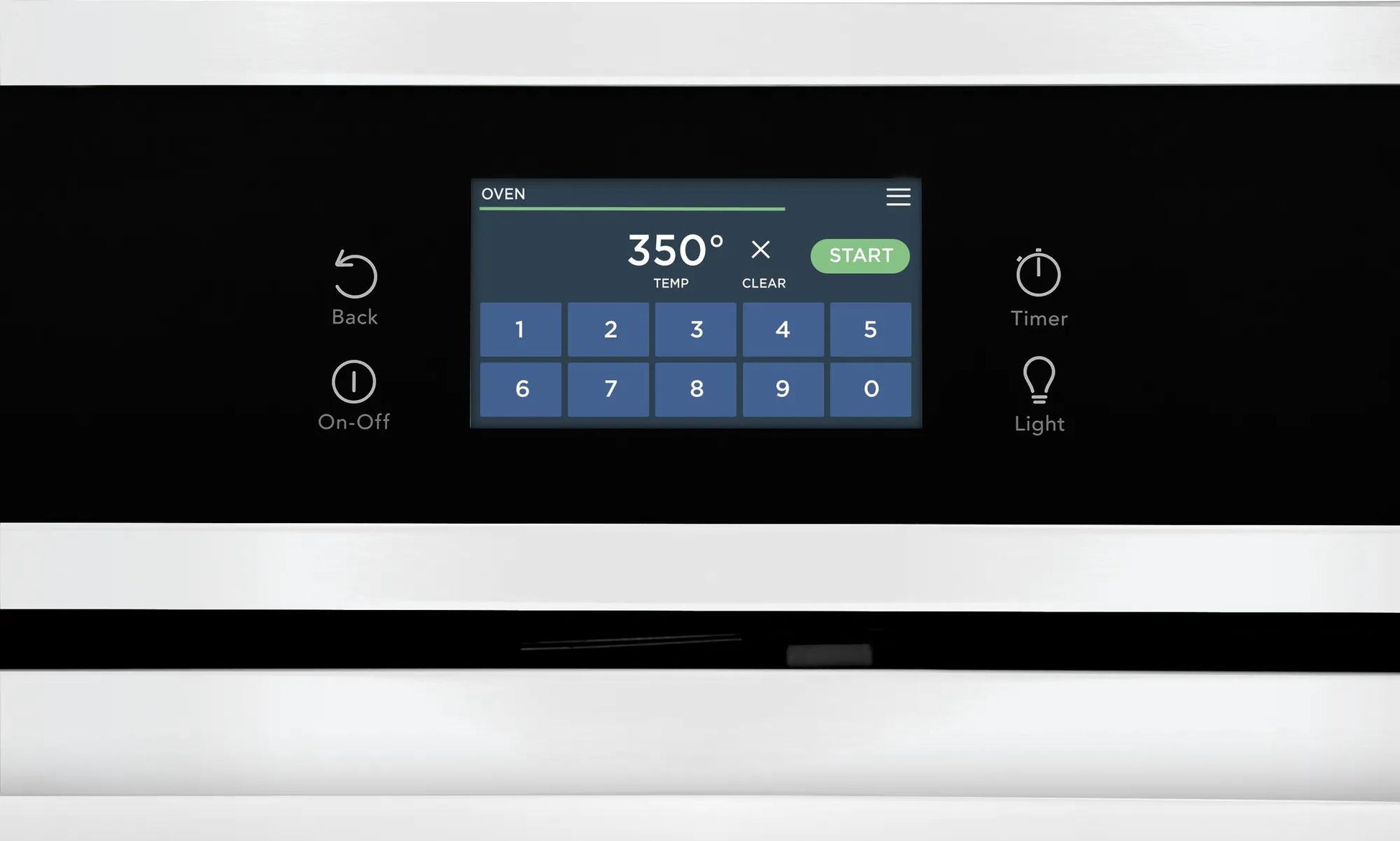 Digital touch screen control panel set to 350 degrees on a white electric wall oven from kitchen appliances collection