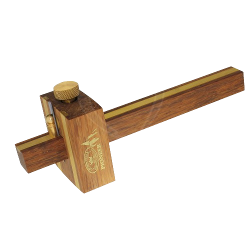 Wood and brass cutting gauge with adjustable stop and engraved markings for precise woodworking measurements in tools use
