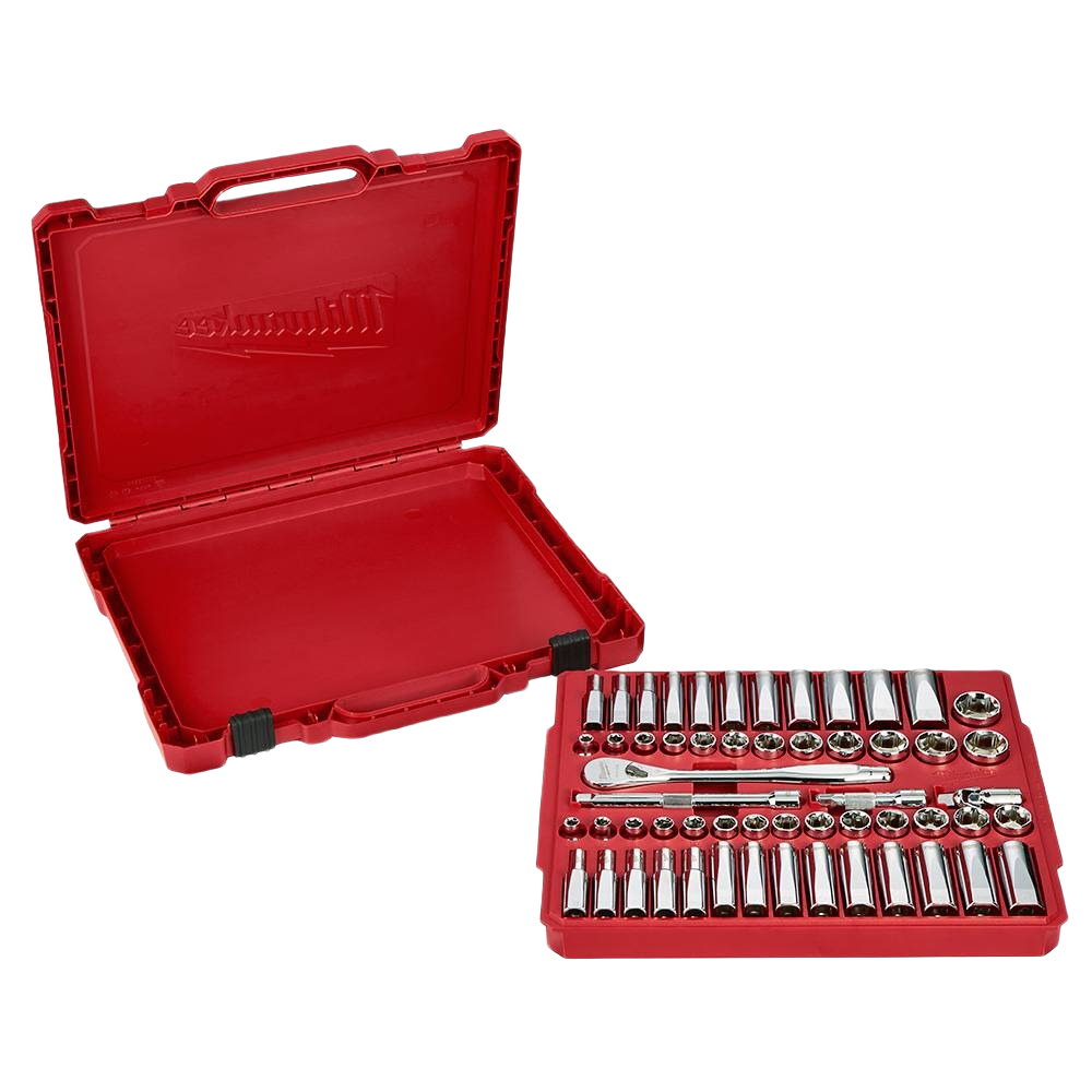 Red storage case with organized SAE and metric sockets and ratchet for woodworking and home improvement tools