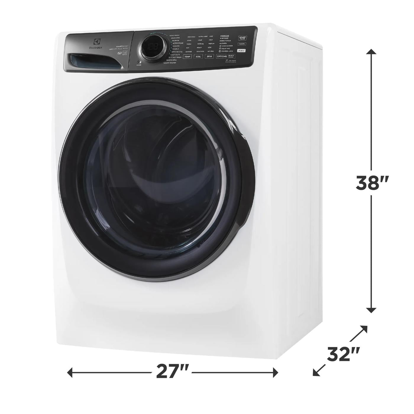 White front load washer with large black circular door and digital control panel in washers and appliances collections