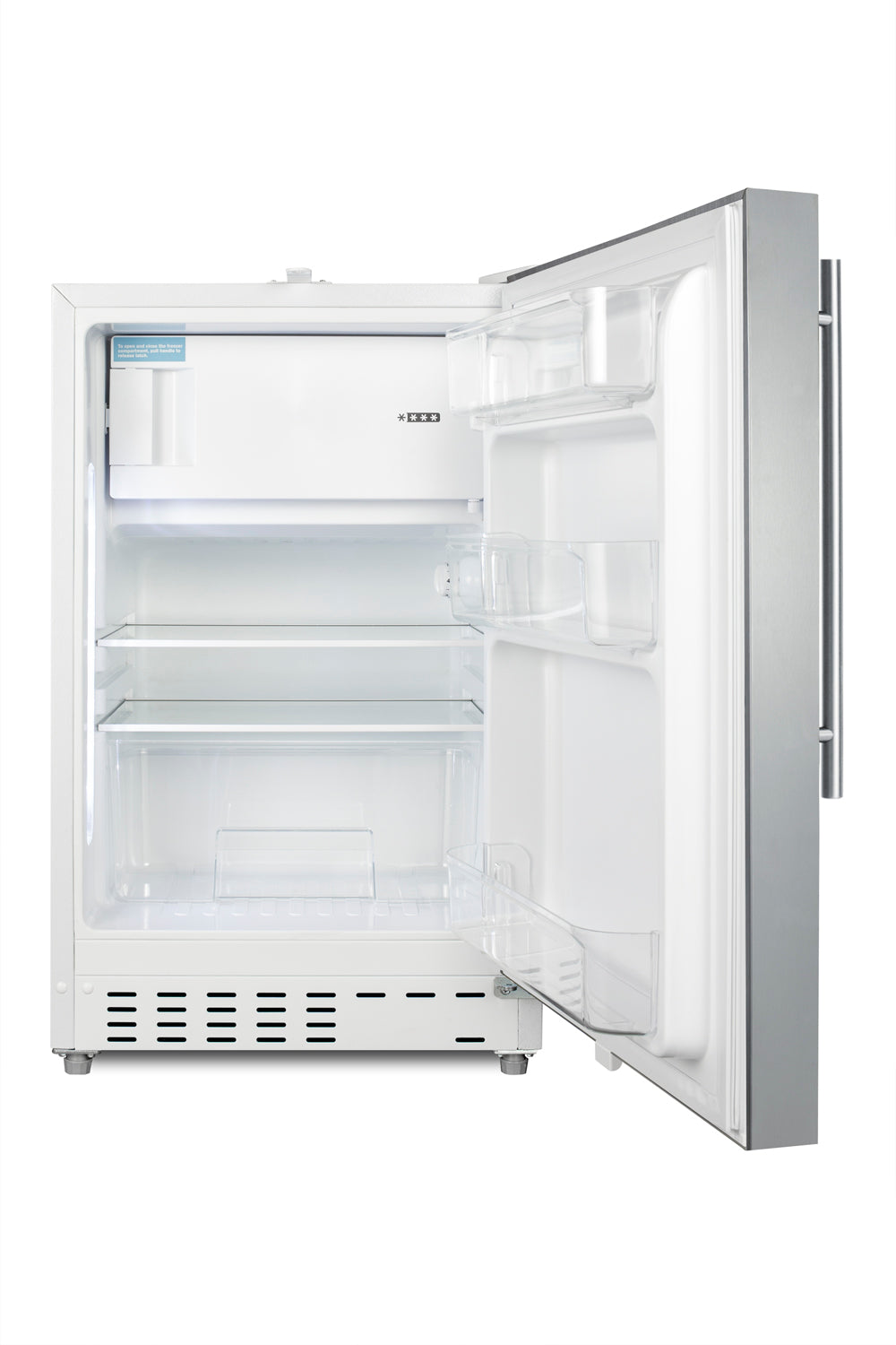 Built-in undercounter refrigerator with stainless steel door open, showing adjustable glass shelves and door bins for kitchen appliances