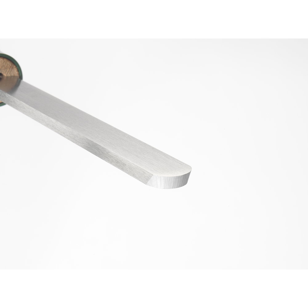 Close-up of a steel domed scraper blade attached to a smooth 16-inch beech wood handle, woodworking tool under $100.
