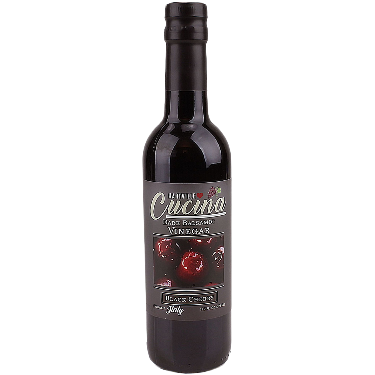 Dark glass bottle of black cherry flavored dark balsamic vinegar with detailed label design