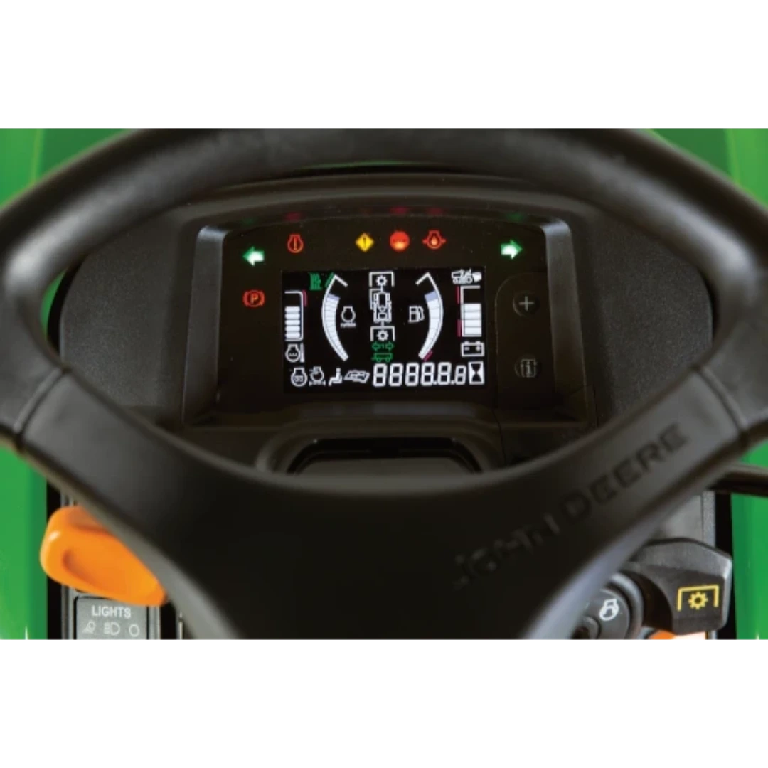 Digital dashboard display on John Deere riding lawn tractor showing operational indicators and controls