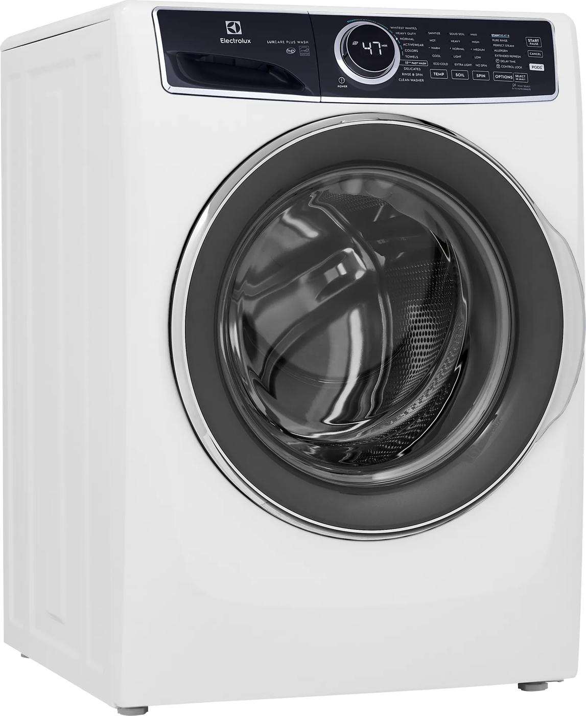 White front load washing machine with digital display and circular window, part of washers and dryers appliance collection