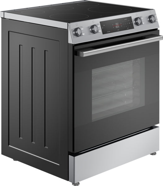 Electric freestanding stainless steel range with smooth black ceramic cooktop and digital control panel in kitchen setting