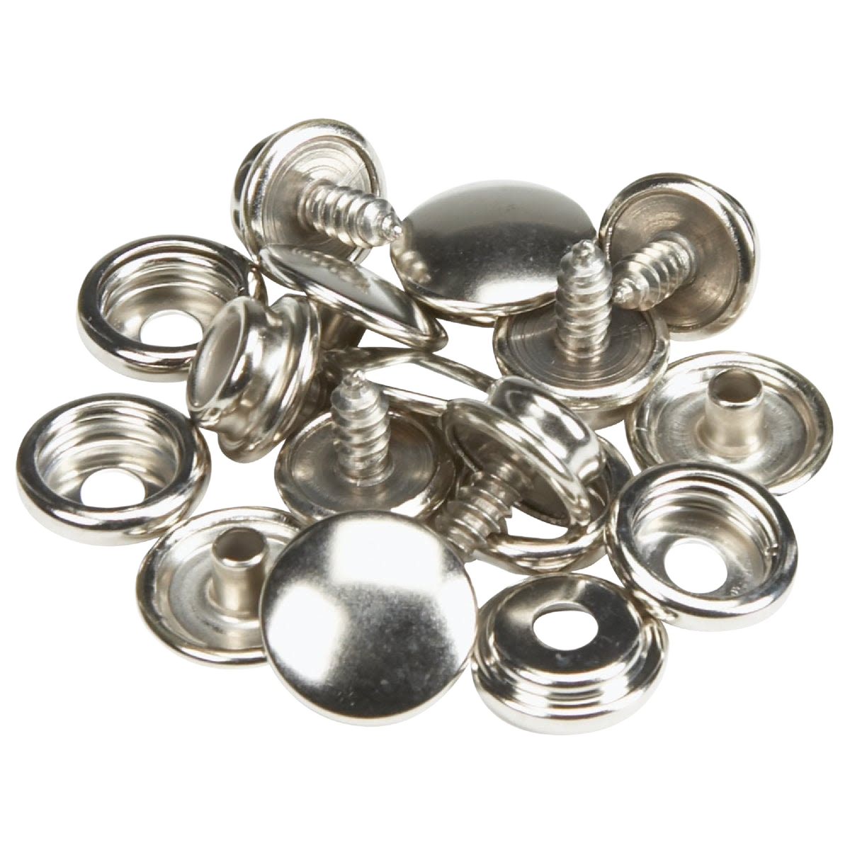 Nickel-plated snap fastener kit refill components for canvas and hard surface repair in hardware and fasteners collection