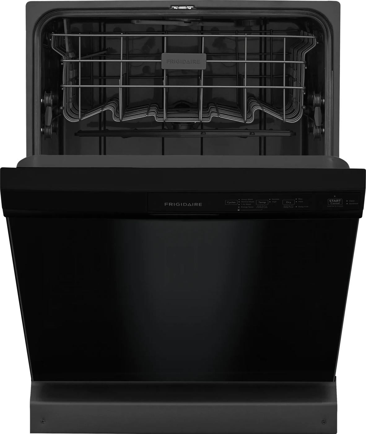 Black built-in dishwasher with open door showing upper rack and control panel for kitchen appliances and home improvement.