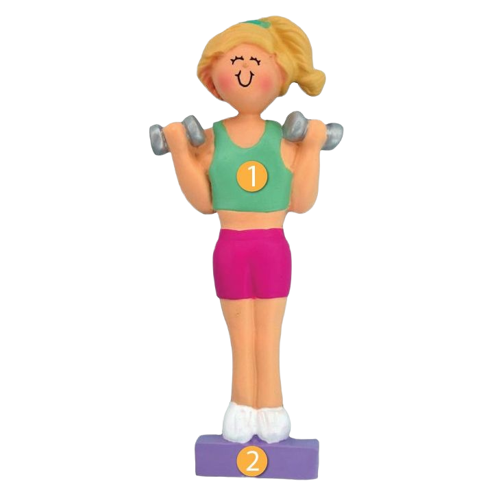 Blonde female weight lifter ornament in green top and pink shorts from Christmas Ornaments & Tree Decorations collection