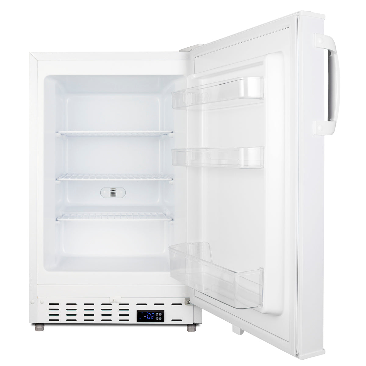 Compact white built-in freezer open showing clear shelves and digital temperature display in Freezers collection