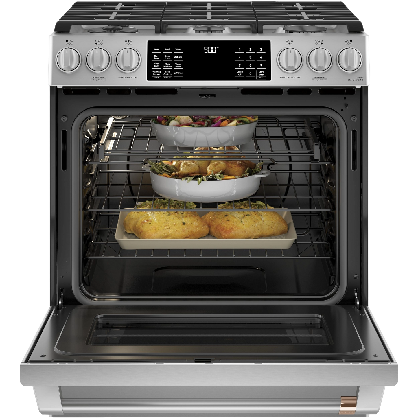 Open dual-fuel range oven with three baking dishes inside, shown in kitchen appliance setting for home improvement
