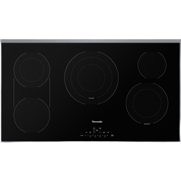 Black 36-inch electric cooktop with five elements, touch controls, and glass surface for kitchen appliances collection