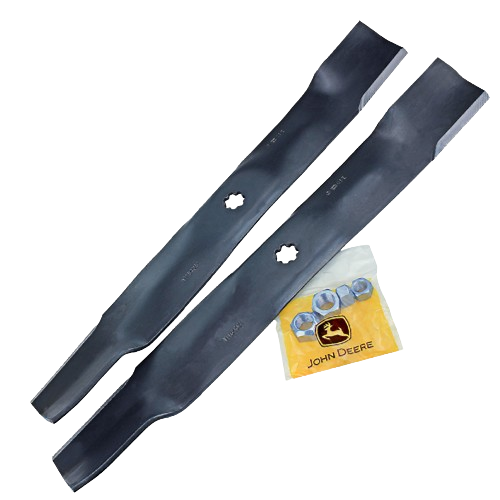Pair of durable black mower blades with mounting hardware for John Deere parts and automotive tool collections under $100