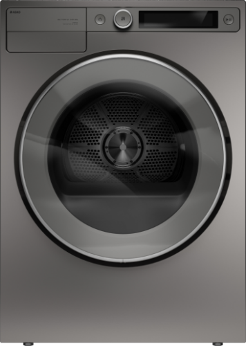 Front view of a titanium front-load tumble dryer with large circular door, digital display, and control knob, featured in Dryers and Appliances collections.