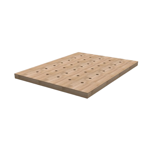 Hardwood workbench top with multiple evenly spaced dog holes for woodworking and home improvement projects