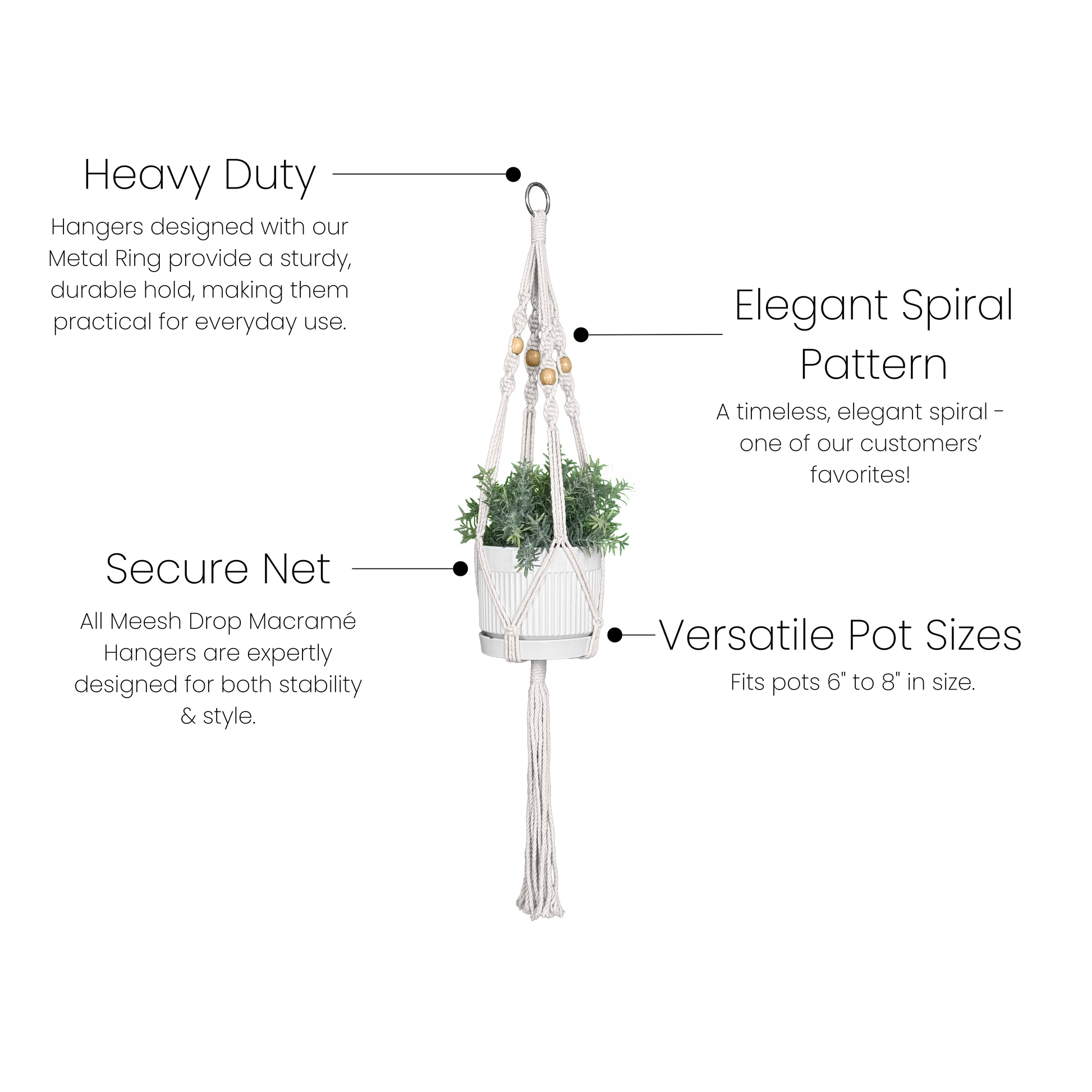 Medium staggered spiral macrame plant hanger with metal ring and secure netting holding a white pot with green foliage