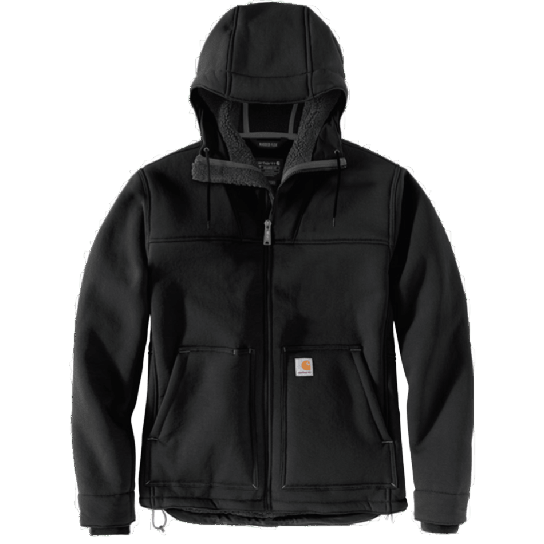 Black hooded jacket with sherpa lining and front pockets designed for warmth and outdoor work activities
