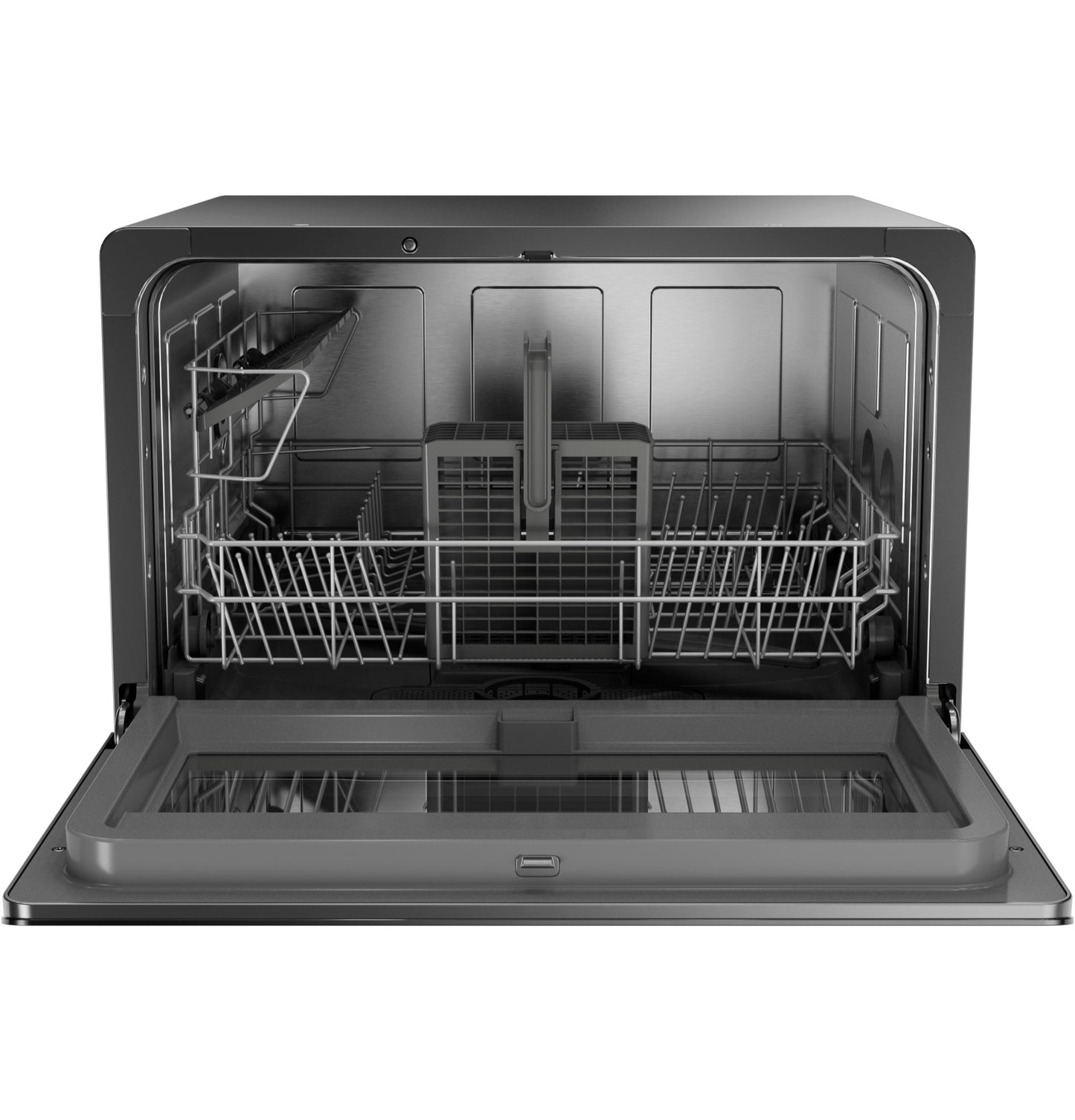 Open compact dishwasher with empty stainless steel racks and utensil holder in kitchen appliance setting