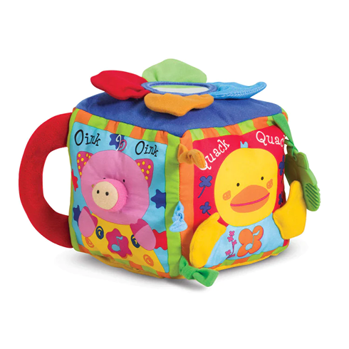 Colorful soft fabric farm animal cube toy with interactive elements in Children's and Under $50 collections