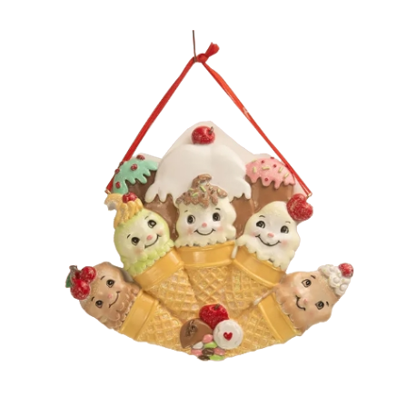 Colorful family of five ice cream cone Christmas ornament with smiling faces and festive details for holiday decor