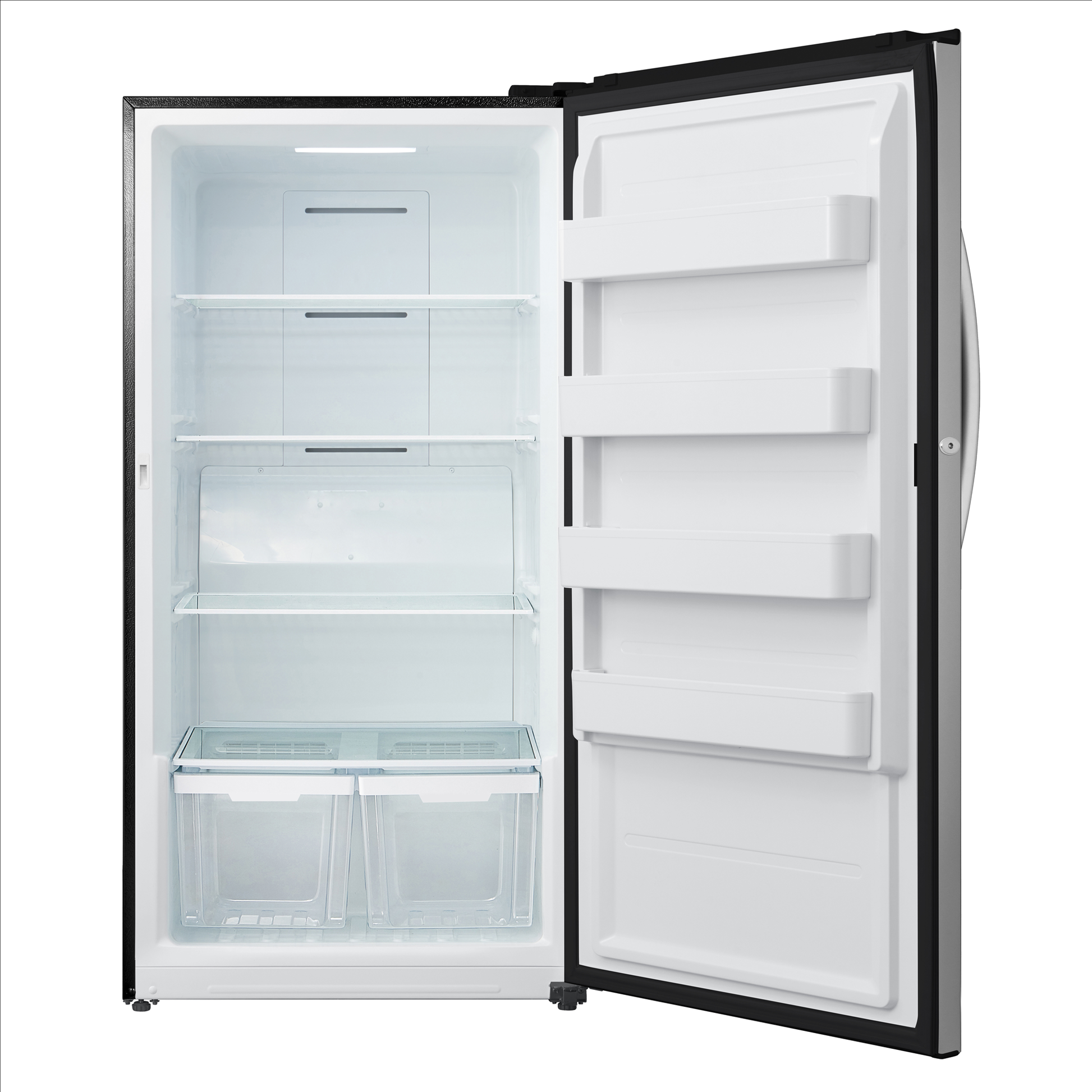 Open upright freezer and refrigerator with clear glass shelves and two transparent crisper drawers, part of Freezers & Ice Makers, Upright Freezers, Kitchen & Kitchenware, Appliances at Hartville Hardware.