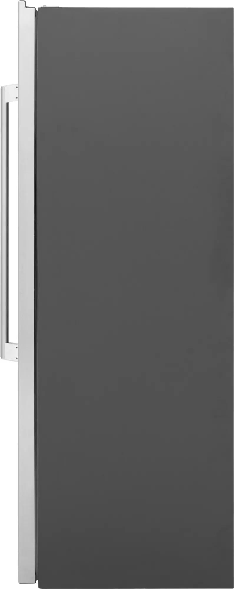 Side view of a sleek gray single-door freezer with a white vertical handle from Freezers and Kitchen & Kitchenware collections