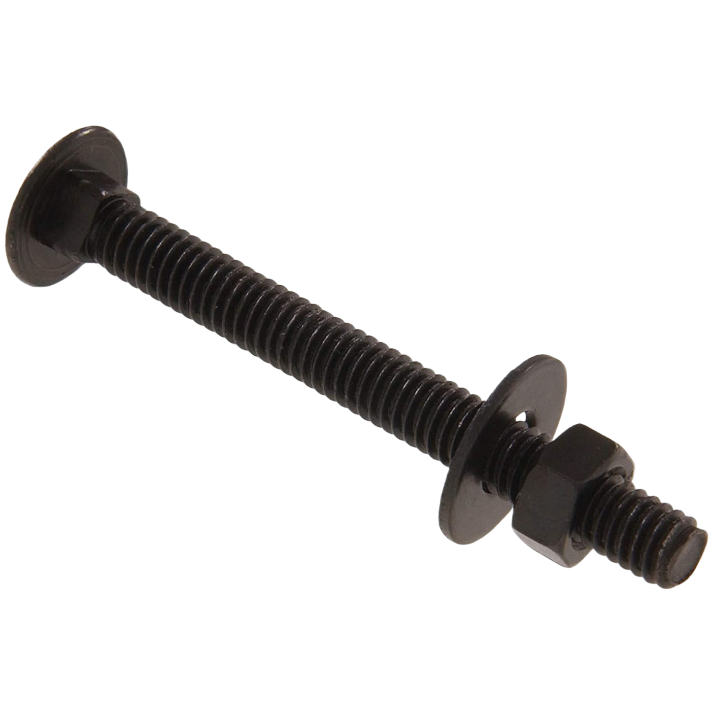Black carriage bolt with nut and washer designed for wood fastening in hardware and home improvement collections