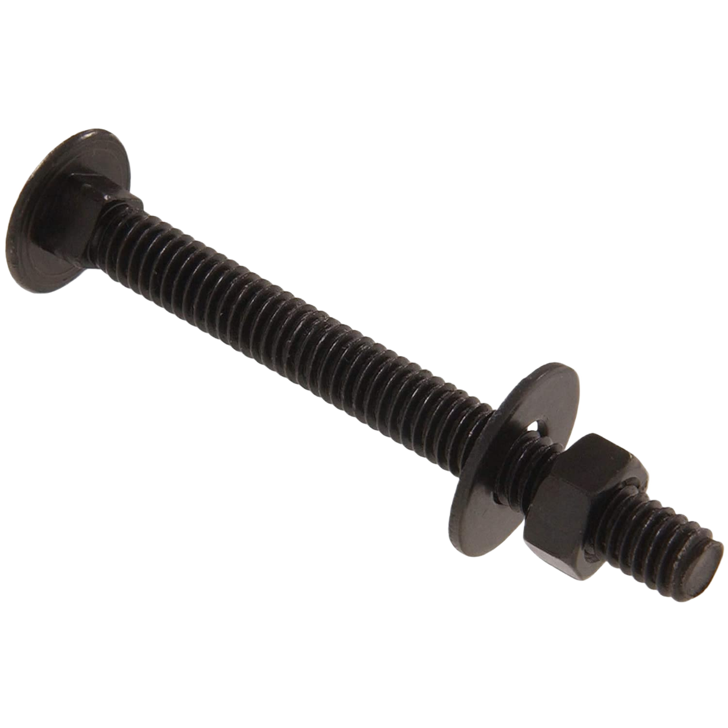Black carriage bolt with nut and washer designed for wood fastening in hardware and home improvement collections