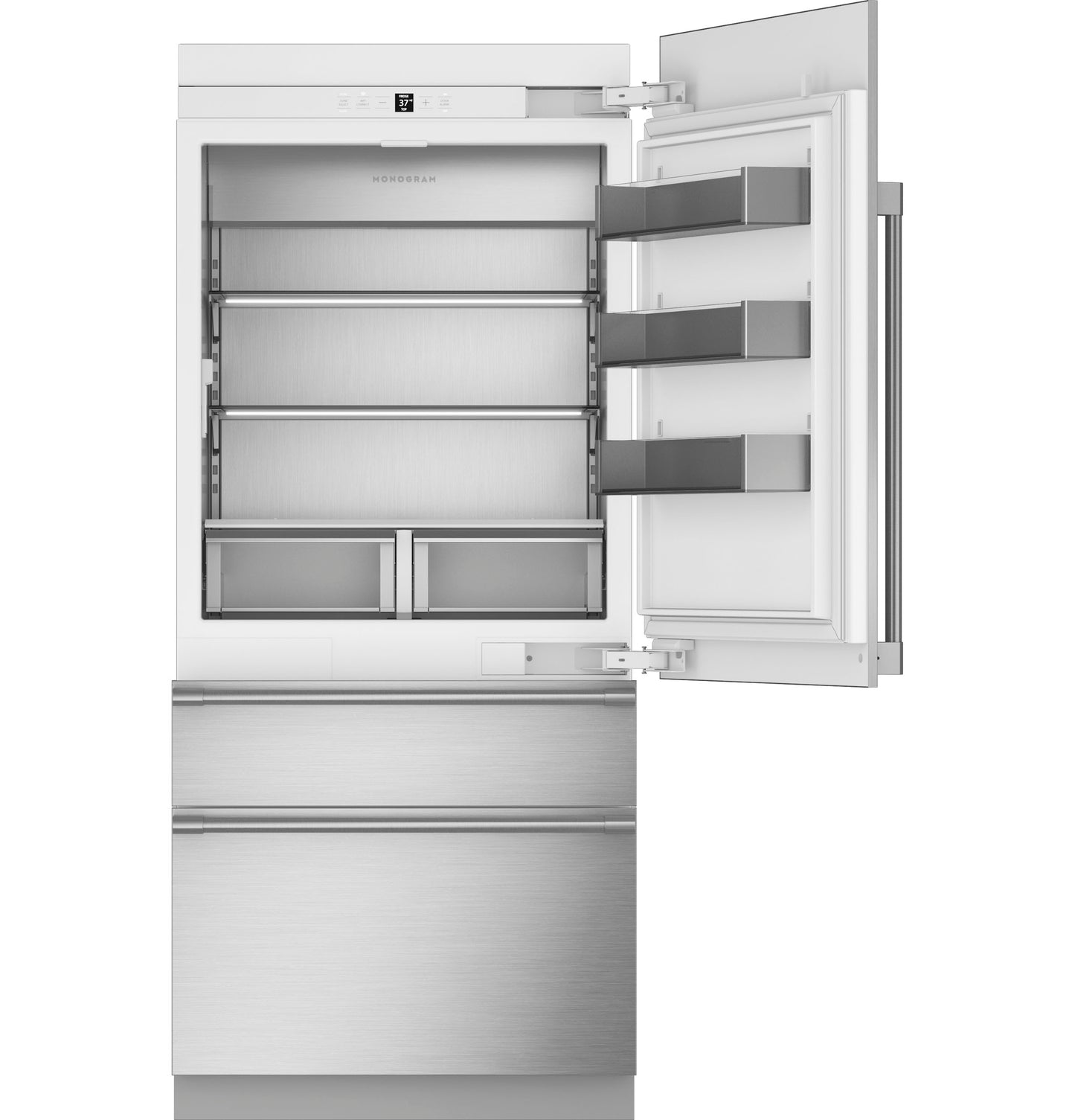 Premium integrated refrigerator with stainless steel bottom freezer drawers, adjustable shelves, and door storage compartments in appliances collection