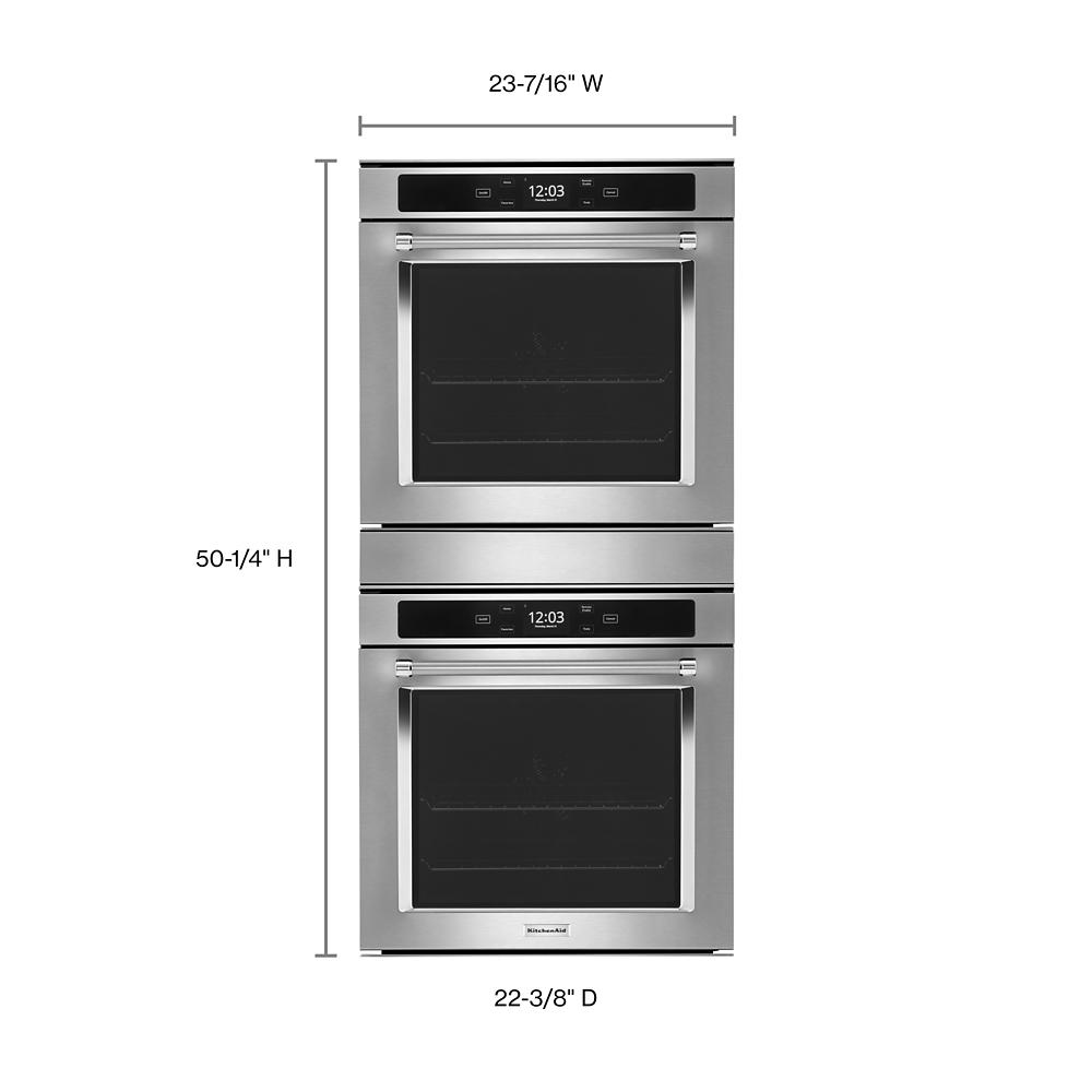 Stainless steel double wall oven with digital touch controls and True Convection in modern kitchen appliance setting
