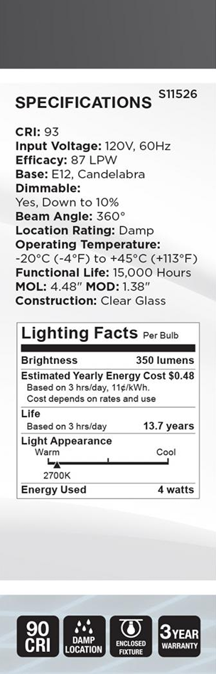 Specification label for clear glass candelabra LED bulb with 2700K warm light, 350 lumens, and damp location rating.