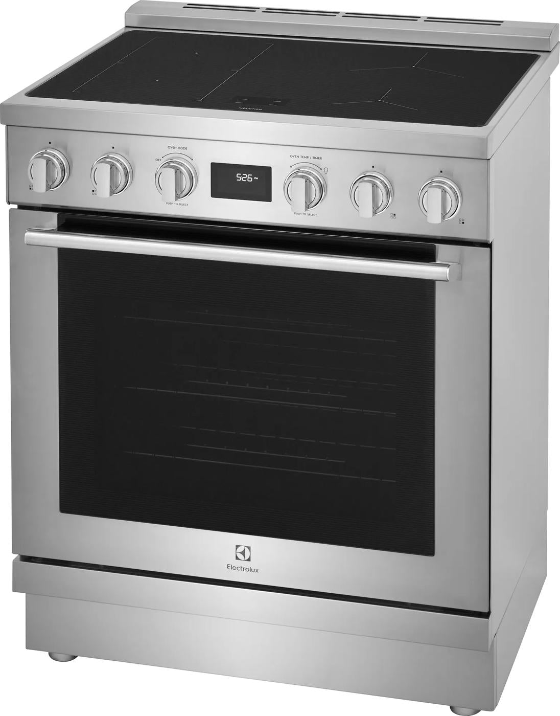 Stainless steel freestanding induction range with six control knobs, digital display, and smooth black glass cooktop in Ranges collection