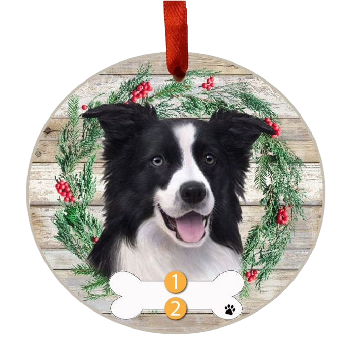 Round Christmas ornament with a Border Collie face inside a festive wreath and red hanging ribbon