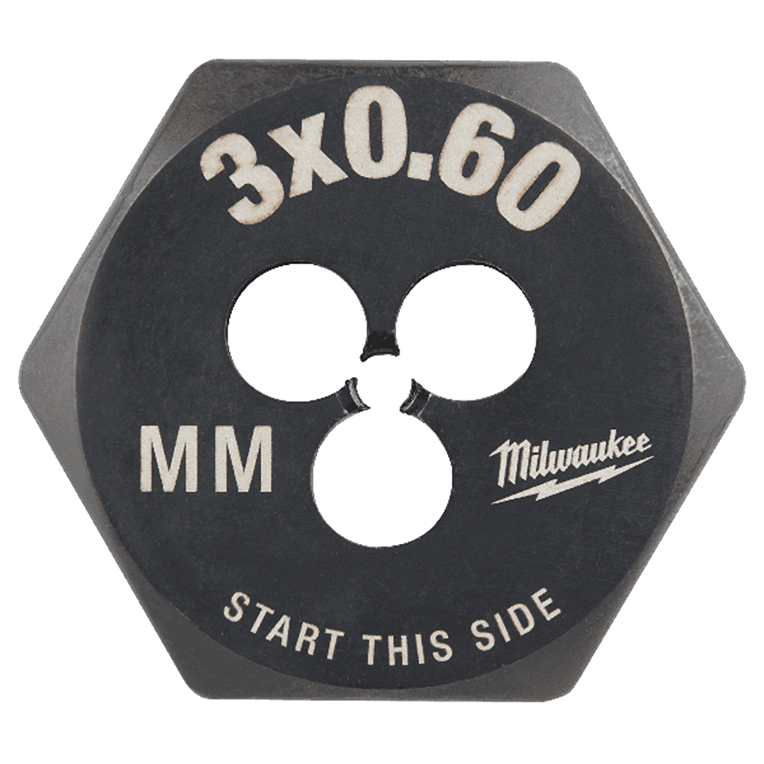 Hex-shaped threading die with 0.60 mm metric size and engraved markings for tool and home improvement use