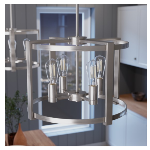 Brushed nickel chandelier with four exposed bulbs and a modern circular frame for dining or living room lighting