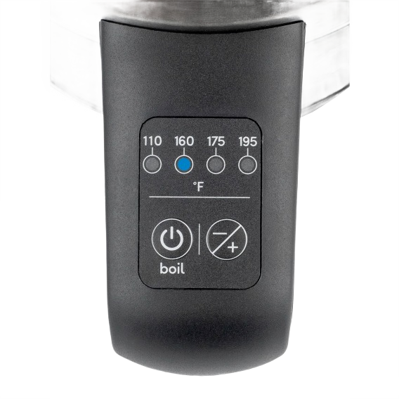 Black kettle handle control panel with temperature settings and boil function button for rapid heating