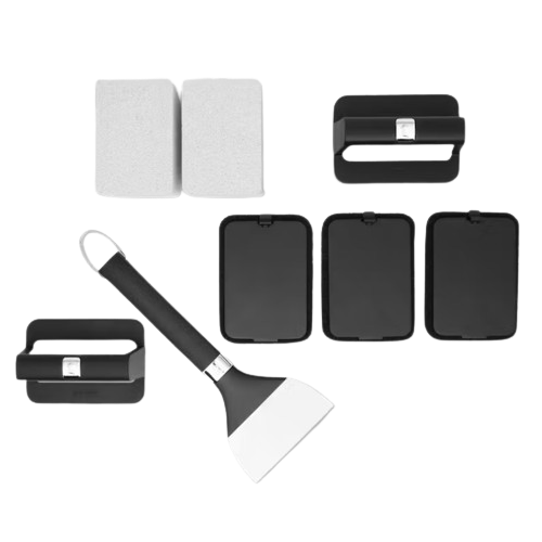 Eight-piece griddle cleaning kit with scraper, scrub pads, and holders for grill accessories and cleaning tools collections