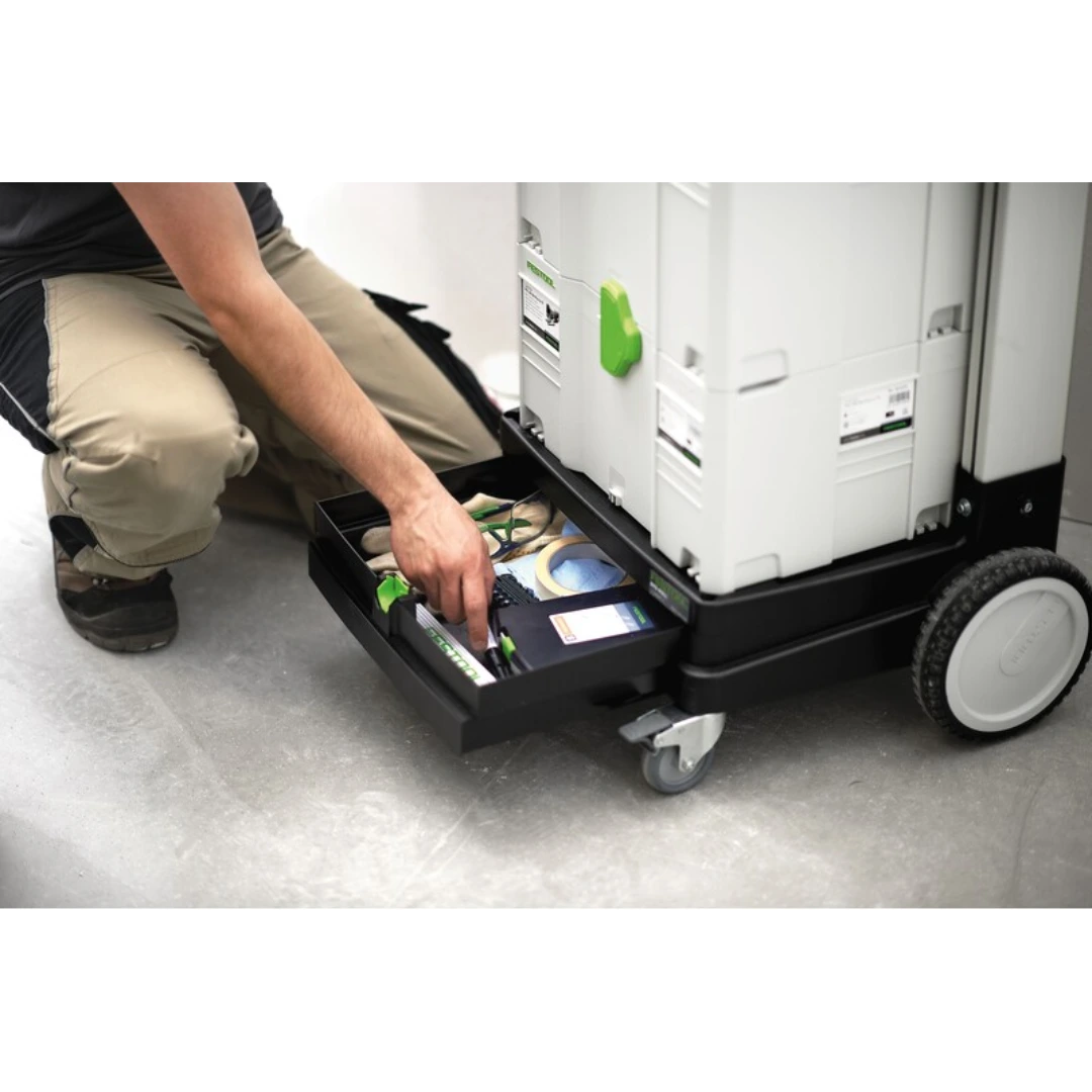 Black storage dolly with pull-out tray holding tools and accessories for workshop and jobsite organization collections